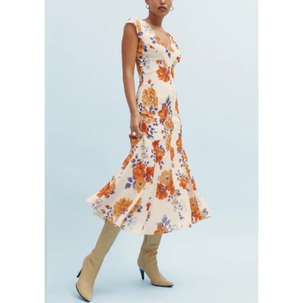 Reformation Baden V-Neck Orange Floral Midi Dress 2 Ivory Blue Print Cap Sleeve